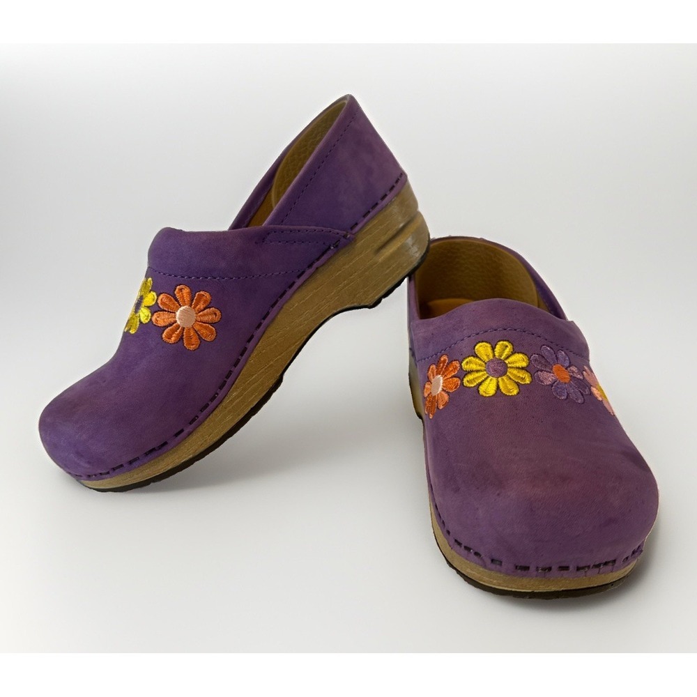 Dansko Kids Clogs Purple Floral Embroidered Leather Slip-On Shoes EU 32
